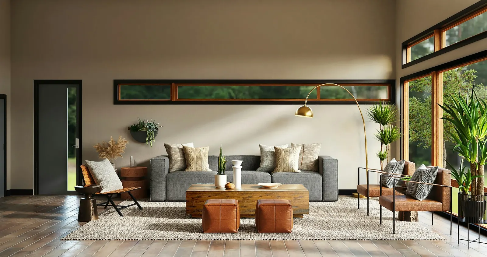 A calm living room with a low grey sofa, timber coffee table and warm afternoon light