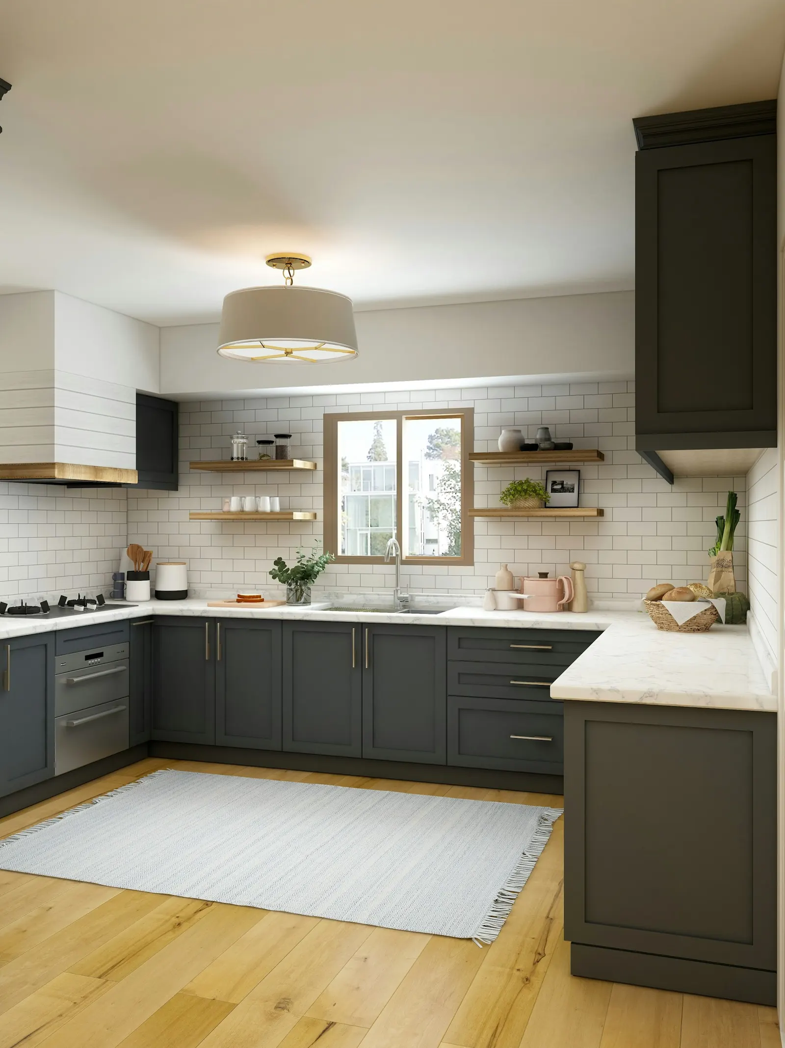 Modular kitchen with charcoal cabinets, subway tiles and open shelves